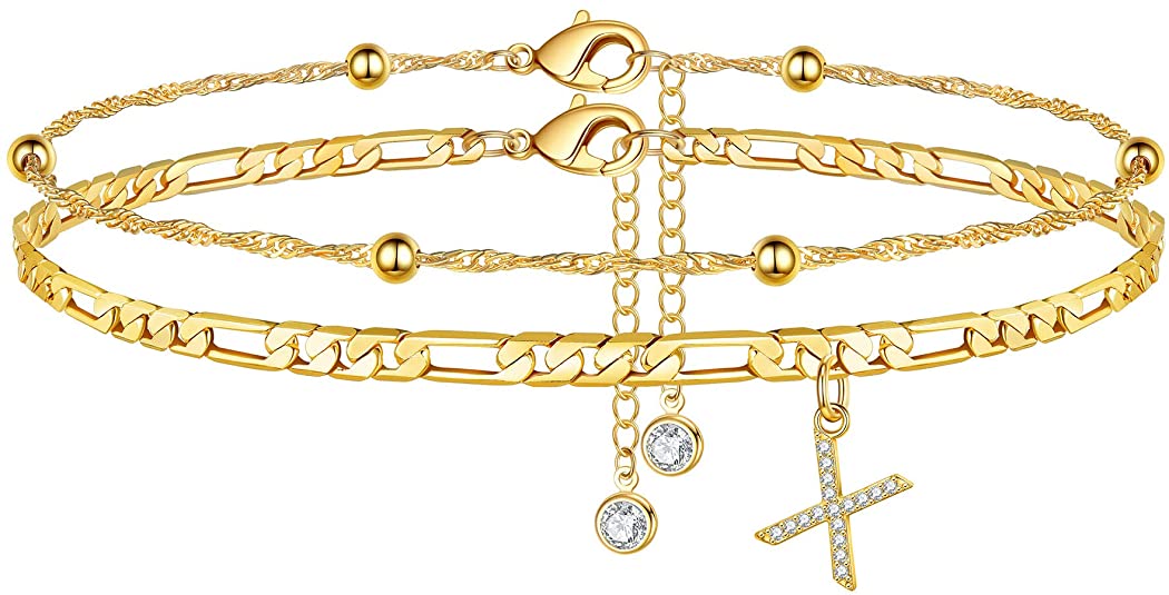 14K Layered Figaro Anklet Chain