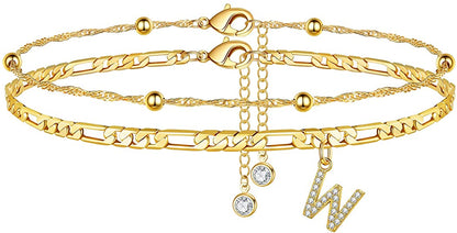 14K Layered Figaro Anklet Chain