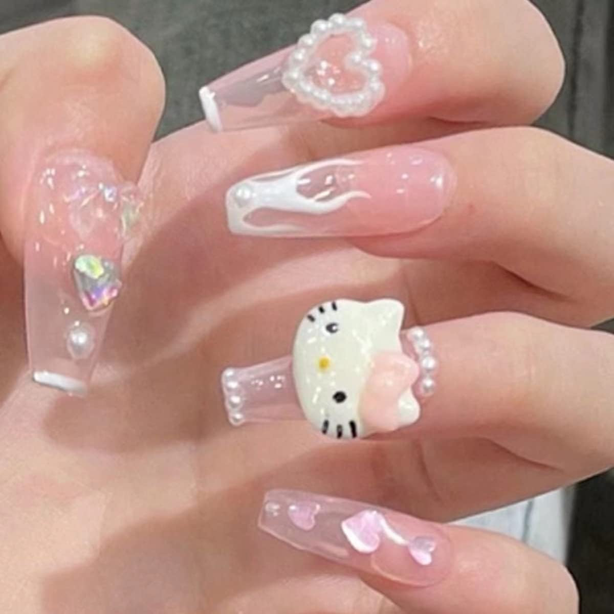 Y2K Long Coffin Cute Kawaii Press on Nails 3D Cartoon Hot Pink Rabbite Black Pink Daisy Duck Glitter Rhinestone Heart Pearl Bow Flame Long Ballet Trapezoid Fake Nails 24Pcs (White Flame Hellokitty)