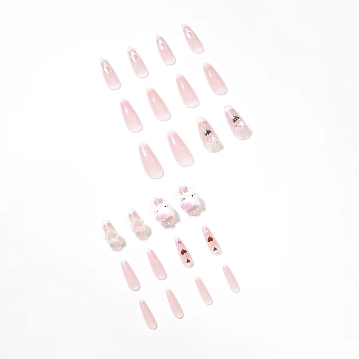 Y2K Long Coffin Cute Kawaii Press on Nails 3D Cartoon Hot Pink Rabbite Black Pink Daisy Duck Glitter Rhinestone Heart Pearl Bow Flame Long Ballet Trapezoid Fake Nails 24Pcs (White Flame Hellokitty)