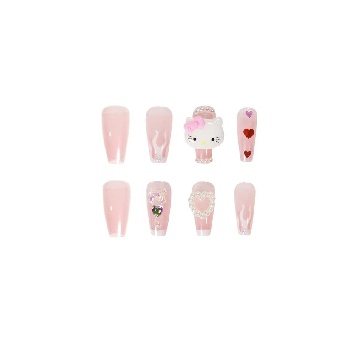 Y2K Long Coffin Cute Kawaii Press on Nails 3D Cartoon Hot Pink Rabbite Black Pink Daisy Duck Glitter Rhinestone Heart Pearl Bow Flame Long Ballet Trapezoid Fake Nails 24Pcs (White Flame Hellokitty)